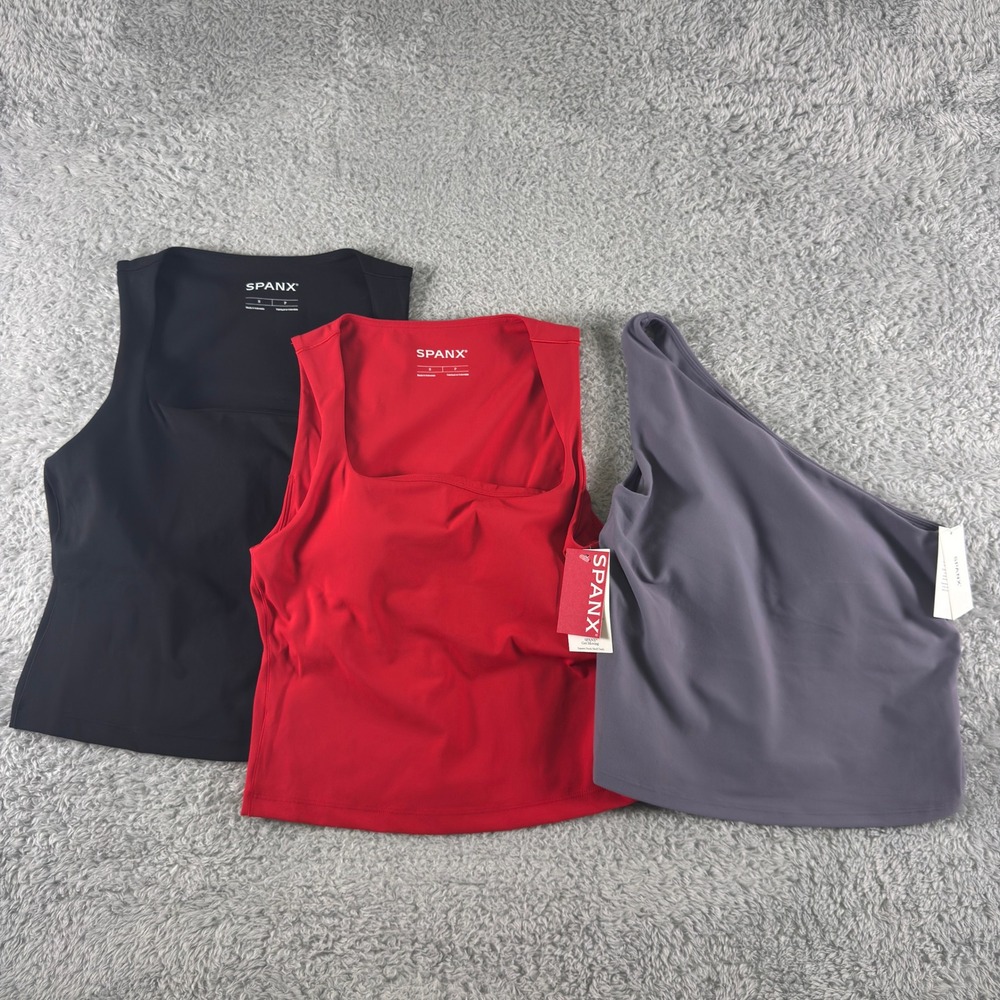 Spanx Tank Top Lot 3pc Red Black Orchid Square Neck Asymm Shelf Bra Small NWT
